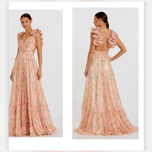 Mac Duggal Pink Peach Ruffle Tiered Floral Cut-Out Chiffon Gown sz 4 NEW - Picture 3 of 14